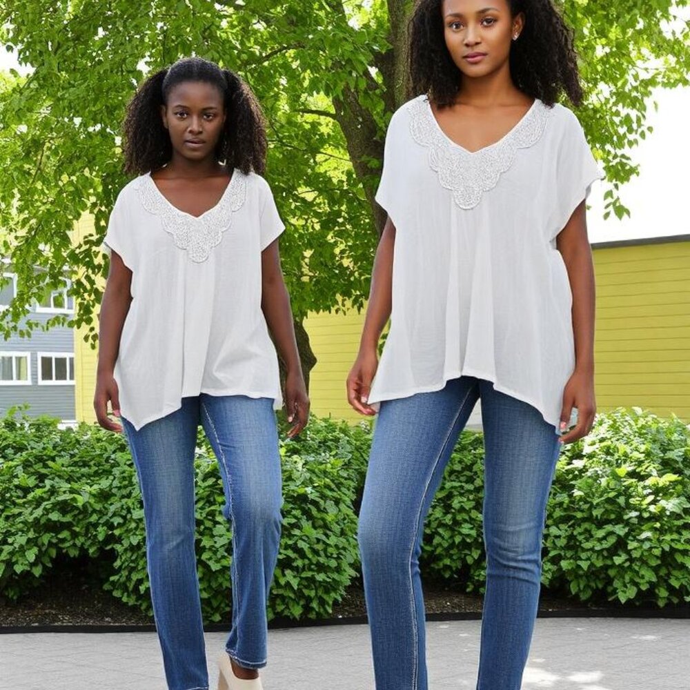 Bobbi Brooks Top Blouse Women's Size 1X White With Lace Trim Zig Zag Hem Lace